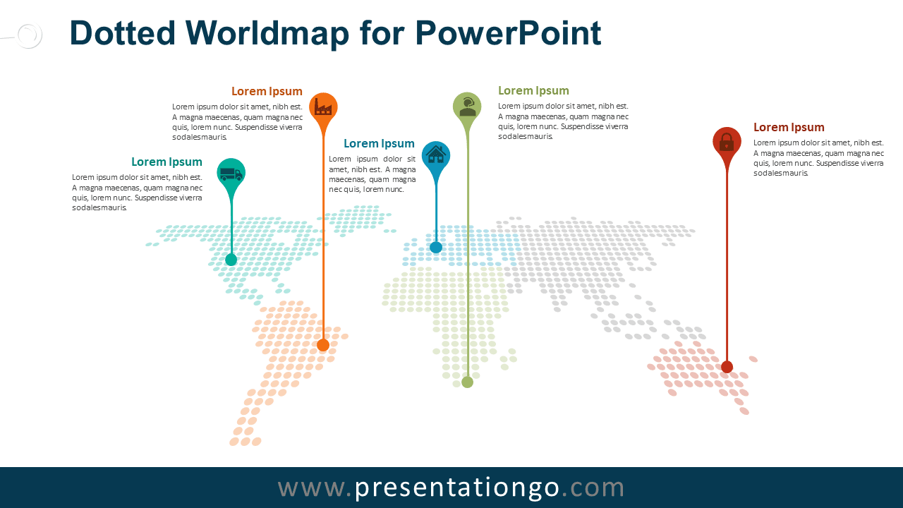 Free Dotted World Map with Pins for PowerPoint
