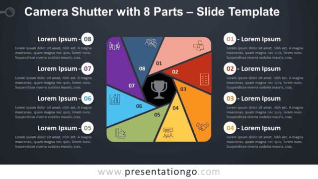 Camera Shutter with 8 Parts Diagram for PowerPoint and Google Slides Free Camera Shutter with 8 Parts Diagram for PowerPoint and Google Slides
