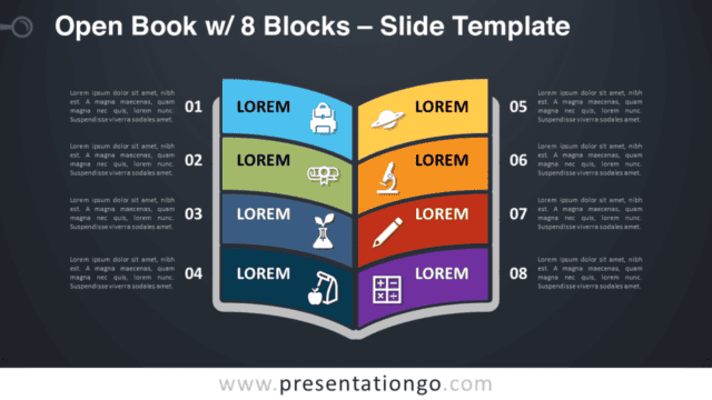 Open Book with 8 Blocks Graphics for PowerPoint and Google Slides Free Open Book with 8 Blocks Graphics for PowerPoint and Google Slides