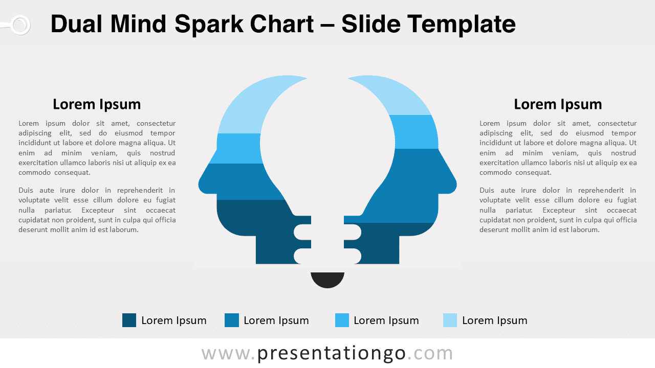 Free Dual Mind Spark Chart for PowerPoint featuring two back-to-back head silhouettes facing opposite directions and a light bulb in-between