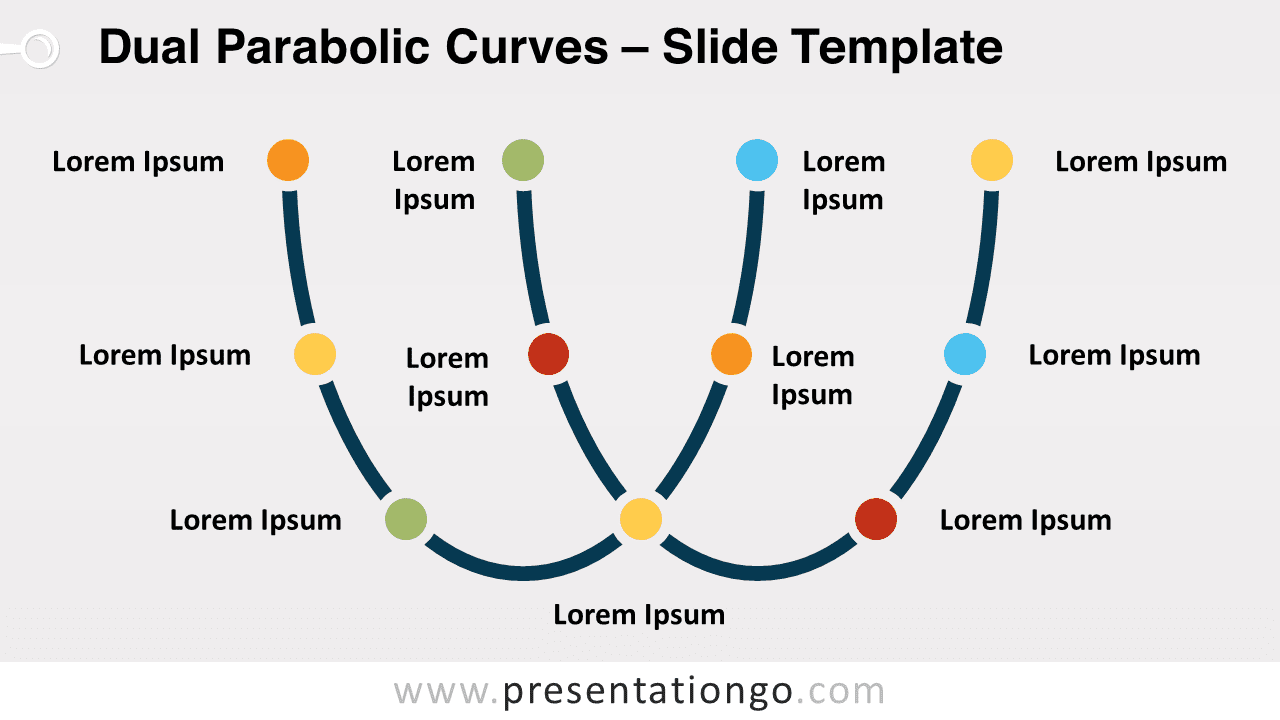 Free Dual Parabolic Curves for PowerPoint and Google Slides featuring two thick, overlapping parabola lines, positioned side by side with a distinct point of intersection.