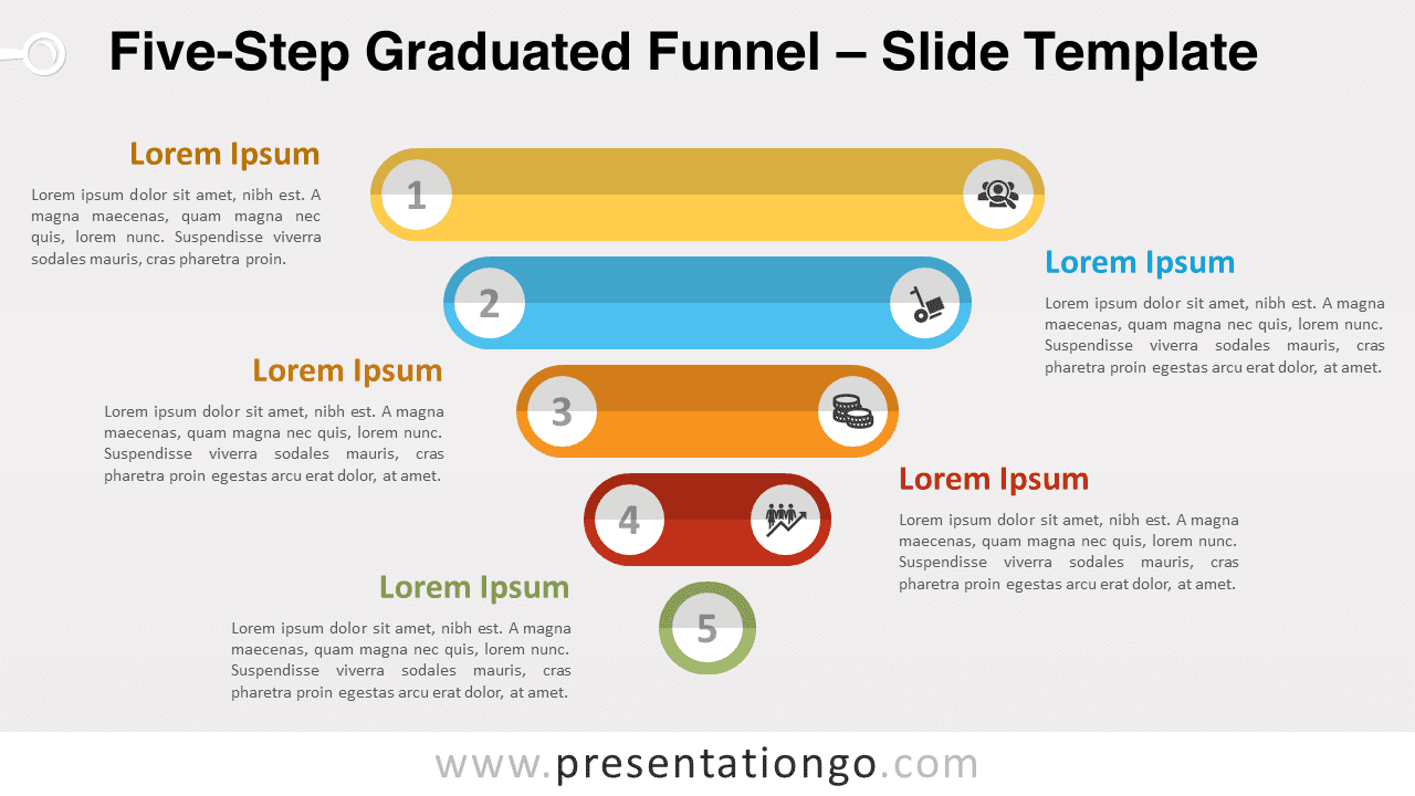 Free Five-Step Graduated Funnel for PowerPoint and Google Slides featuring five centrally aligned perforated strips in a funnel shape.