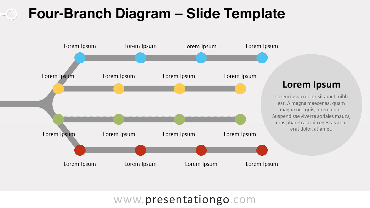 Free Four-Branch Diagram for PowerPoint and Google Slides that features a gray fork shape with four horizontal tines, resembling a tree with four branches.