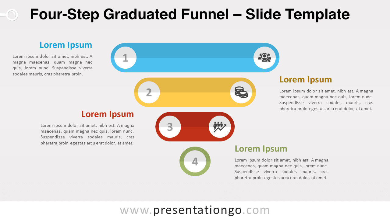 Free Four-Step Graduated Funnel for PowerPoint and Google Slides featuring four centrally aligned perforated strips in a funnel shape.