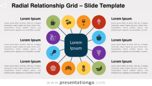 Free Radial Relationship Grid for PowerPoint and Google Slides that features a central squircle, surrounded by 12 colorful circles that form a square-like arrangement.
