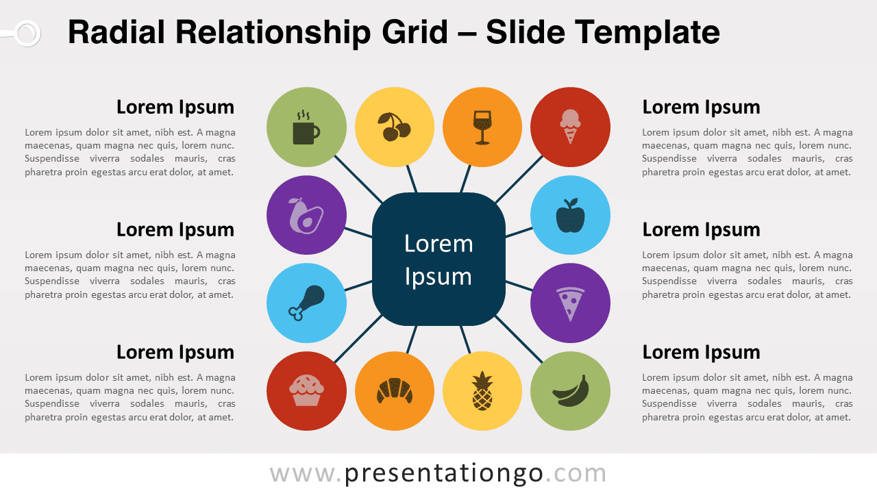 Free Radial Relationship Grid for PowerPoint and Google Slides that features a central squircle, surrounded by 12 colorful circles that form a square-like arrangement.
