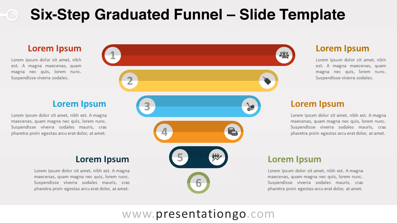 Free Six-Step Graduated Funnel for PowerPoint and Google Slides featuring six centrally aligned perforated strips in a funnel shape.