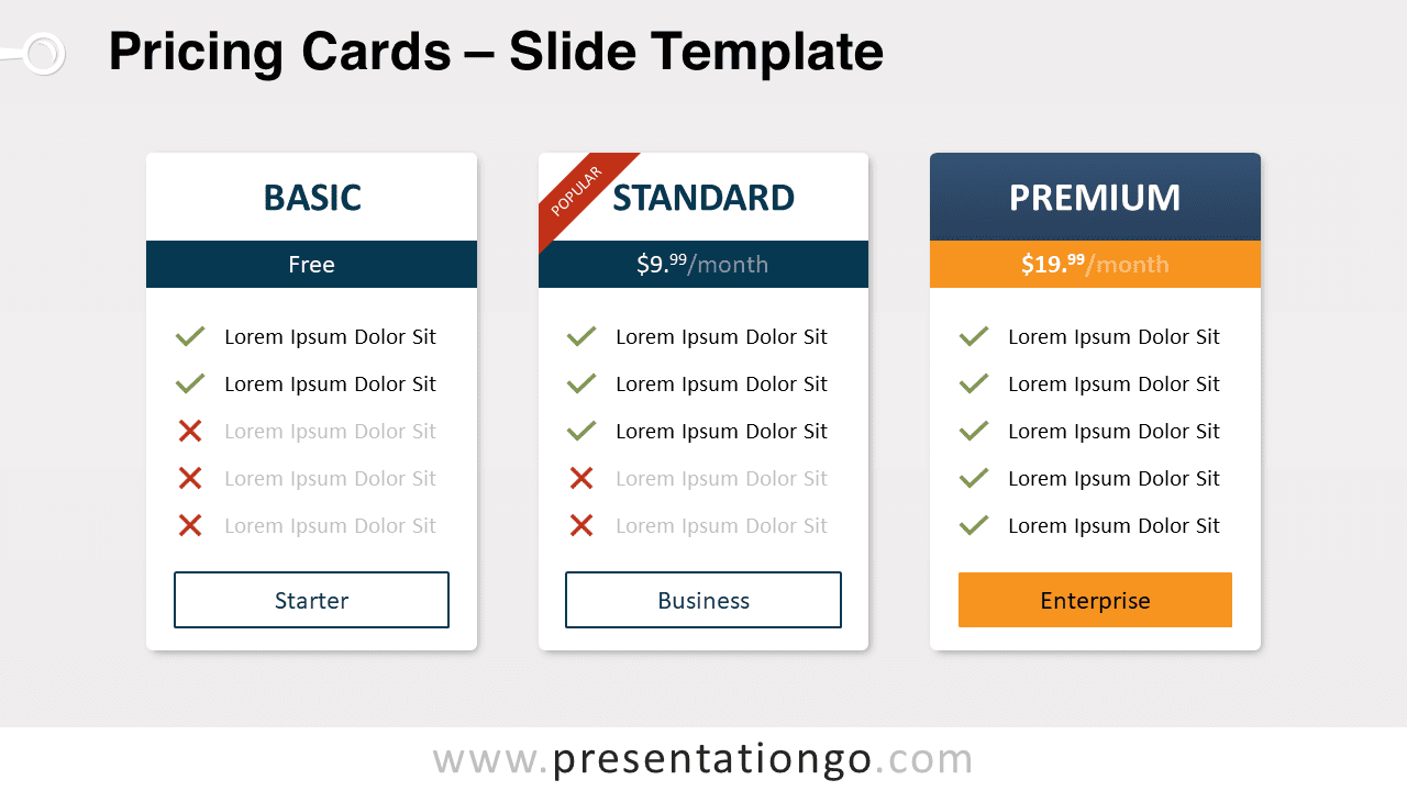 Free Three Pricing Cards for PowerPoint and Google Slides