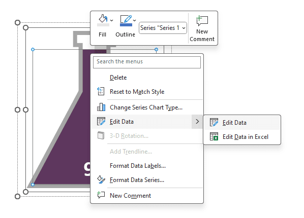 Step-by-step image showing how to select and edit data in the flask chart on PowerPoint.