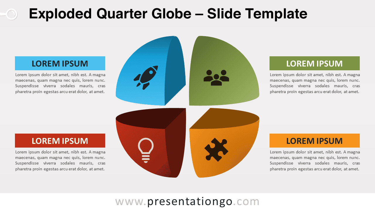Exploded Globe Illustration with Text Blocks in Widescreen PowerPoint Slide