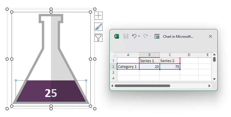 Guide image demonstrating how to customize numbers in the data table for Google Slides flask chart.