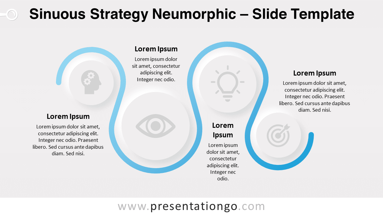 Sinuous Strategy Neumorphic PowerPoint template displayed on a light background, featuring a modern four-step process design.