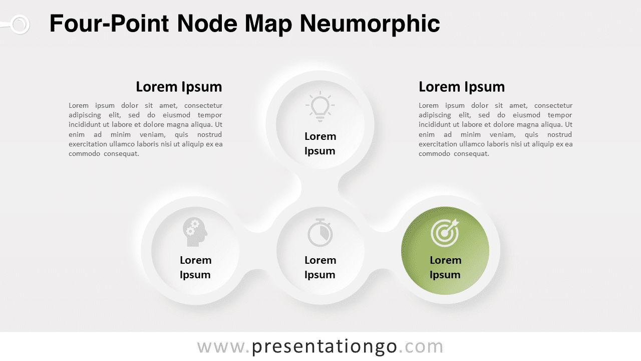 Neumorphic Node Map on a light background, optimized for widescreen presentations.