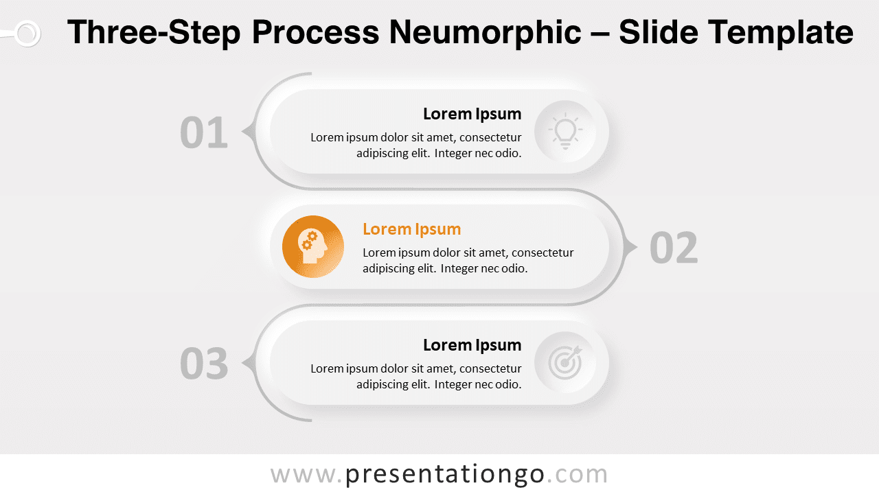 Widescreen view of Three-Step Neumorphic PowerPoint template with a light background