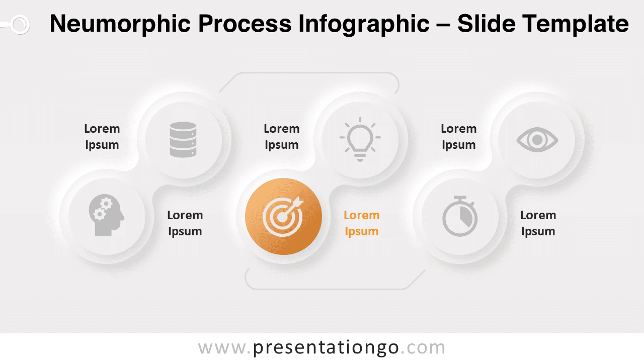 Neumorphic Process Infographic PowerPoint template displayed on a light background with 3D-style icons and connectors.