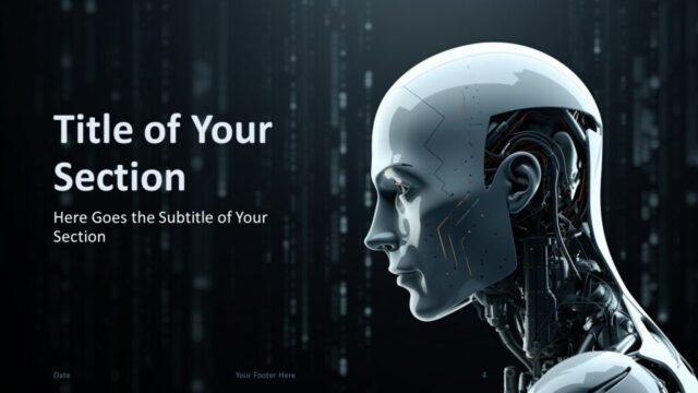 Android Intelligence Section Title Slide for Presentations Section title slide from Android Intelligence PowerPoint Template featuring central android profile.