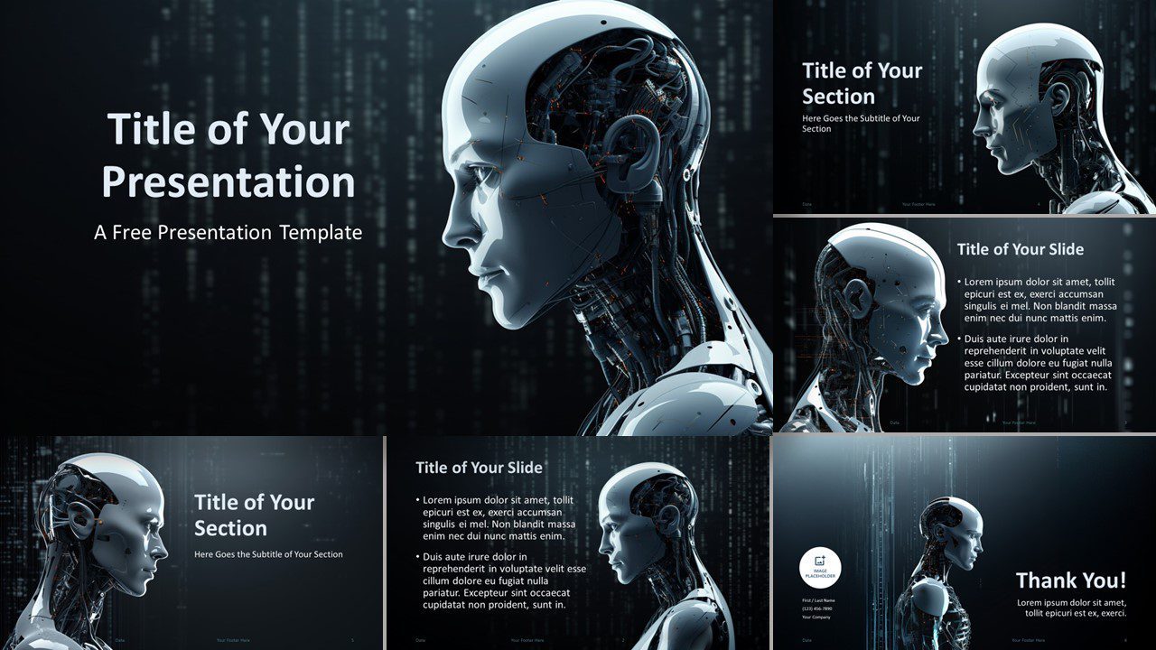 Cover slide of the widescreen Android Intelligence Template for PowerPoint and Google Slides with a futuristic android theme.
