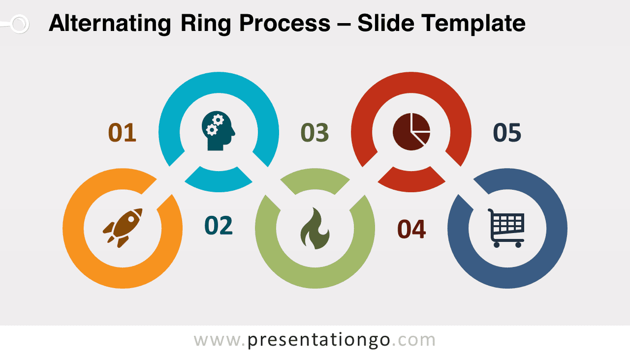 Template Slide of Alternating Ring Process Diagram on Light Background Featuring Colorful Rings and Step Icons for PowerPoint and Google Slides