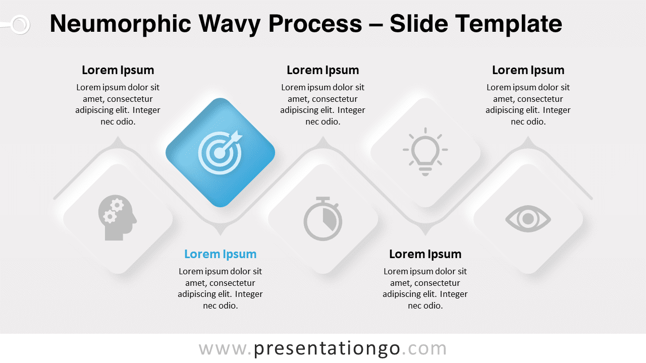 Neumorphic Wavy Process PowerPoint slide displayed on a light background, showcasing the clean and modern design.