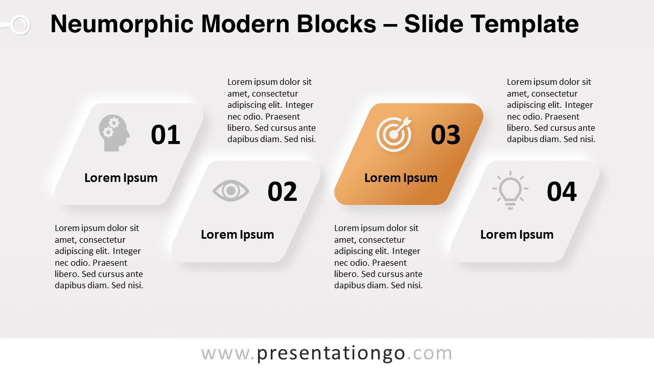Neumorphic style PowerPoint template with light background, showcasing soft inset shadow effects and a four-step block sequence.