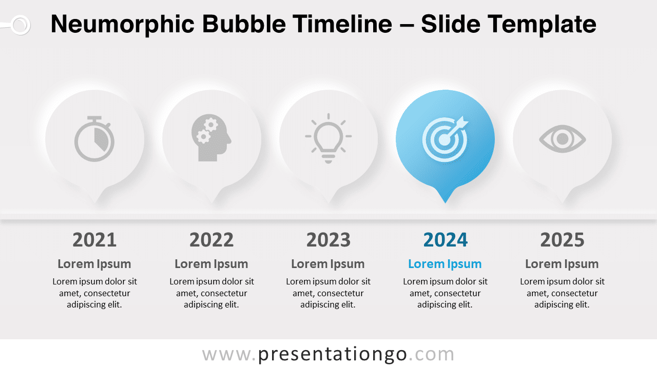 Neumorphic Bubble Timeline template displayed on a light background for PowerPoint and Google Slides presentations.