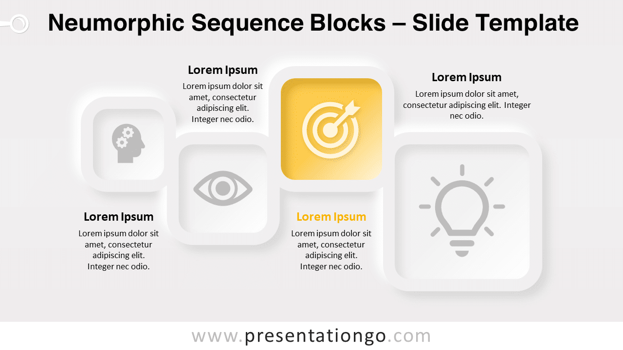 Neumorphic Sequence Blocks PowerPoint slide displayed on a light background emphasizing the embossed design effect.