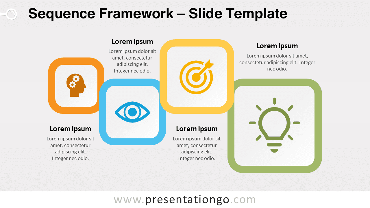 Sequence Framework for PowerPoint showing the template on a light background with colorful blocks and icon placeholders.