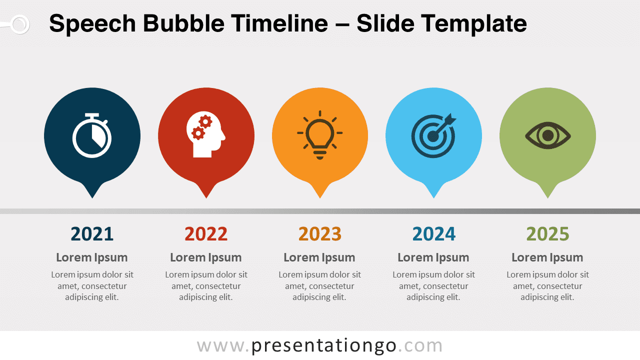 A clean and professional Speech Bubble Timeline template slide displayed on a light background, suitable for PowerPoint and Google Slides.