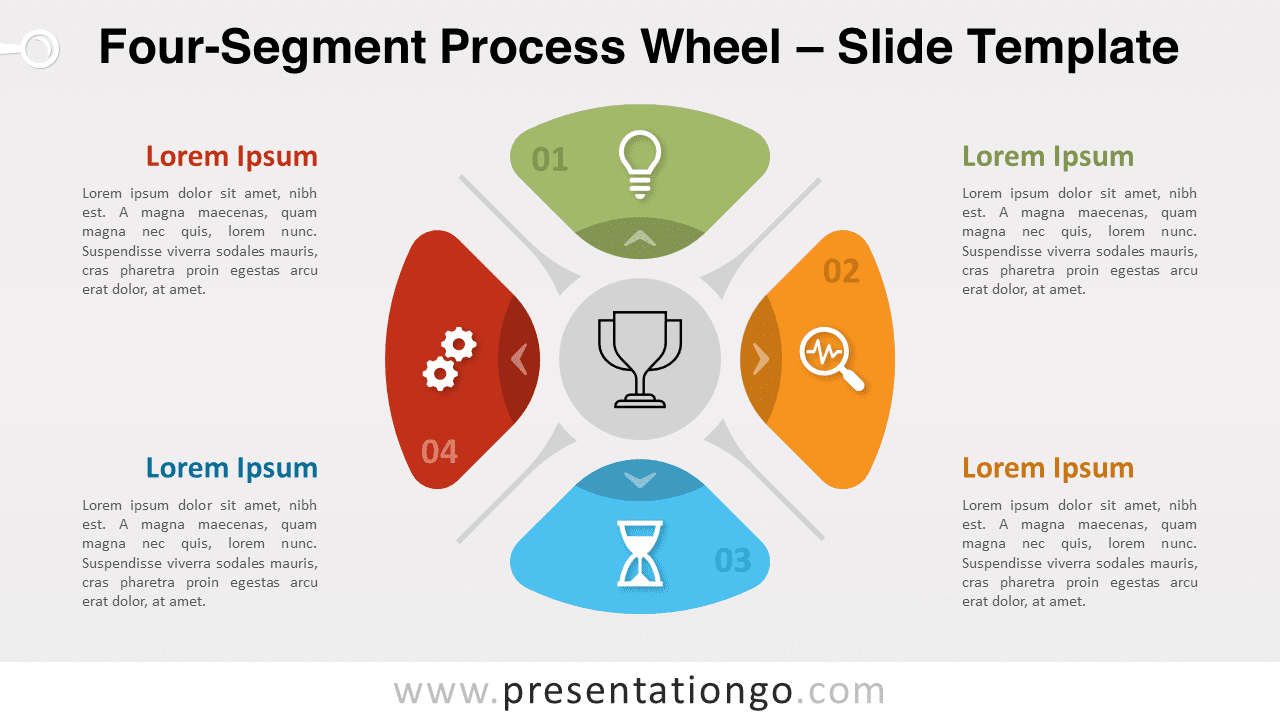 Four-Segment Process Wheel template slide displayed with a light theme for PowerPoint and Google Slides presentations.