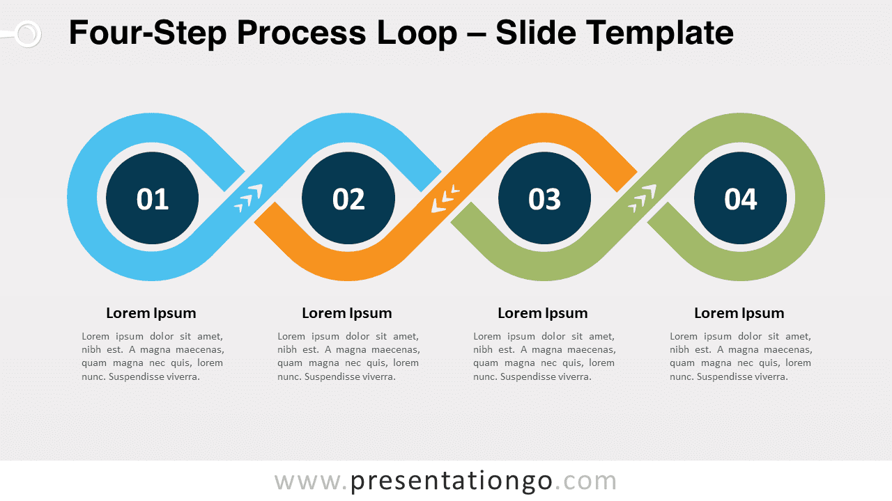 Four-Step Process Loop template displayed on a light background, compatible with PowerPoint and Google Slides, for illustrating continuous processes.