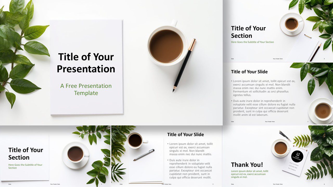 Widescreen preview of Green Leaf & Coffee Workspace Template for PowerPoint and Google Slides, featuring cover slide