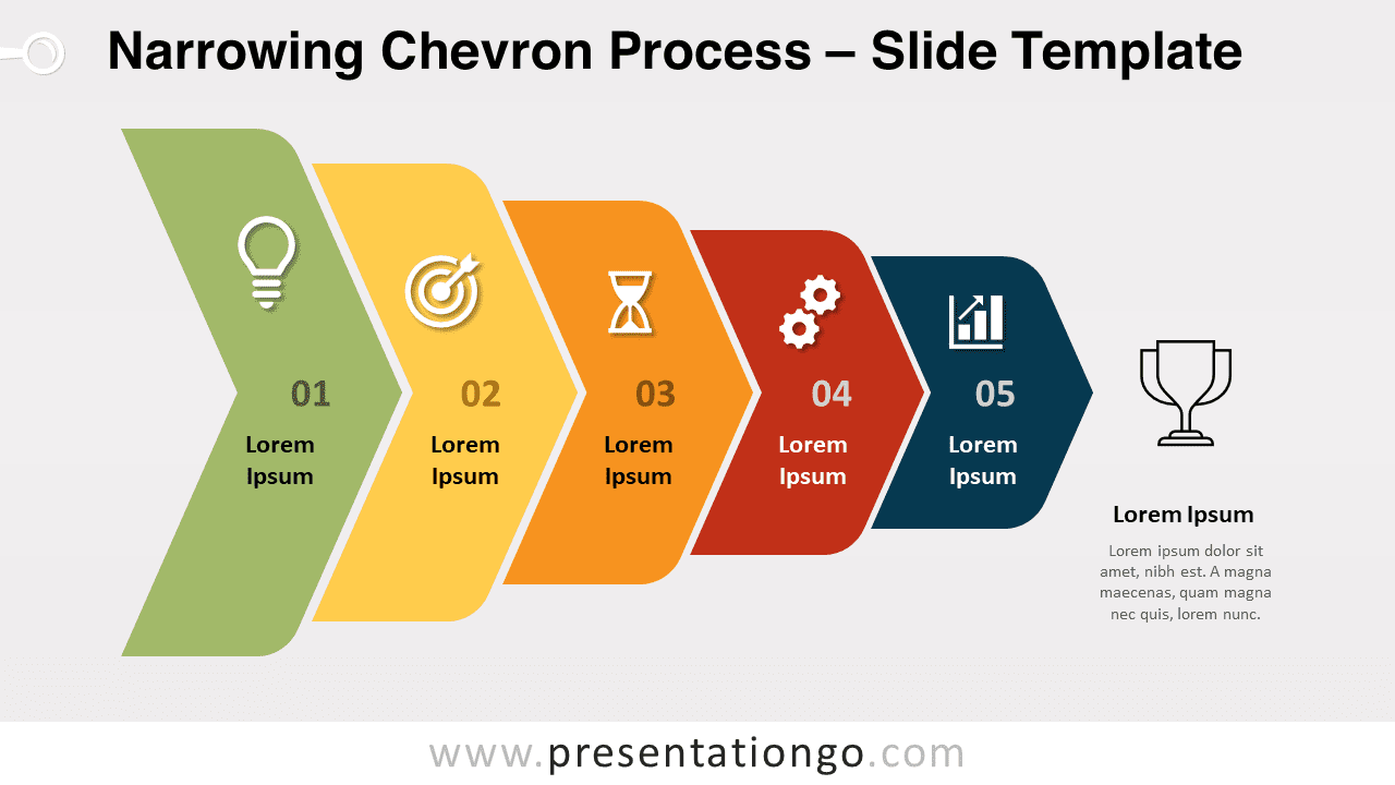 The Narrowing Chevron Process template displayed on a light background, ideal for PowerPoint slides.