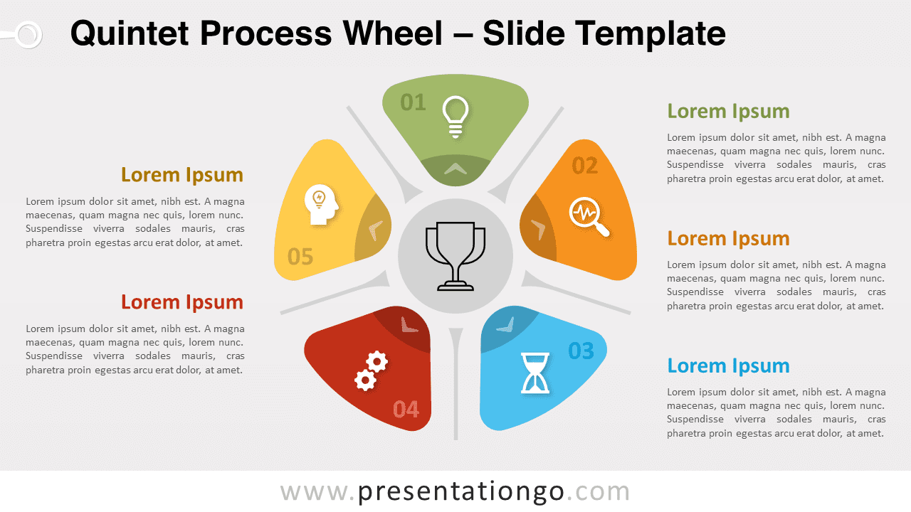Quintet Process Wheel template with a light theme, showcasing a 5-step diagram for PowerPoint presentations.