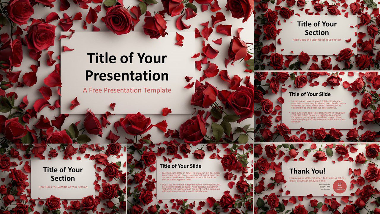 Cover slide of Rose Symphony widescreen template for PowerPoint and Google Slides with red rose petal design.