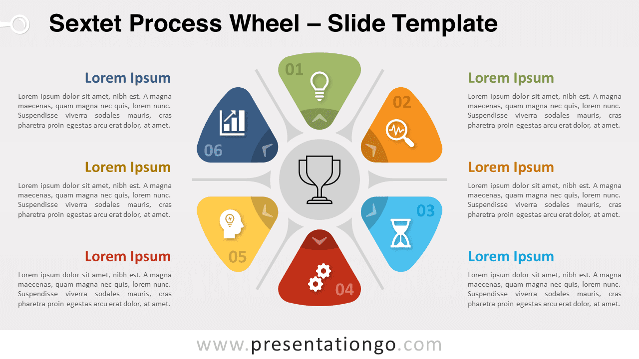 Sextet Process Wheel slide template displayed on a light theme for PowerPoint and Google Slides presentations.
