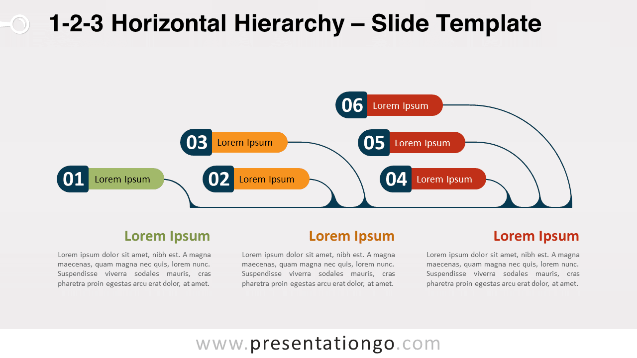 1-2-3 Horizontal Hierarchy PowerPoint slide with a light theme