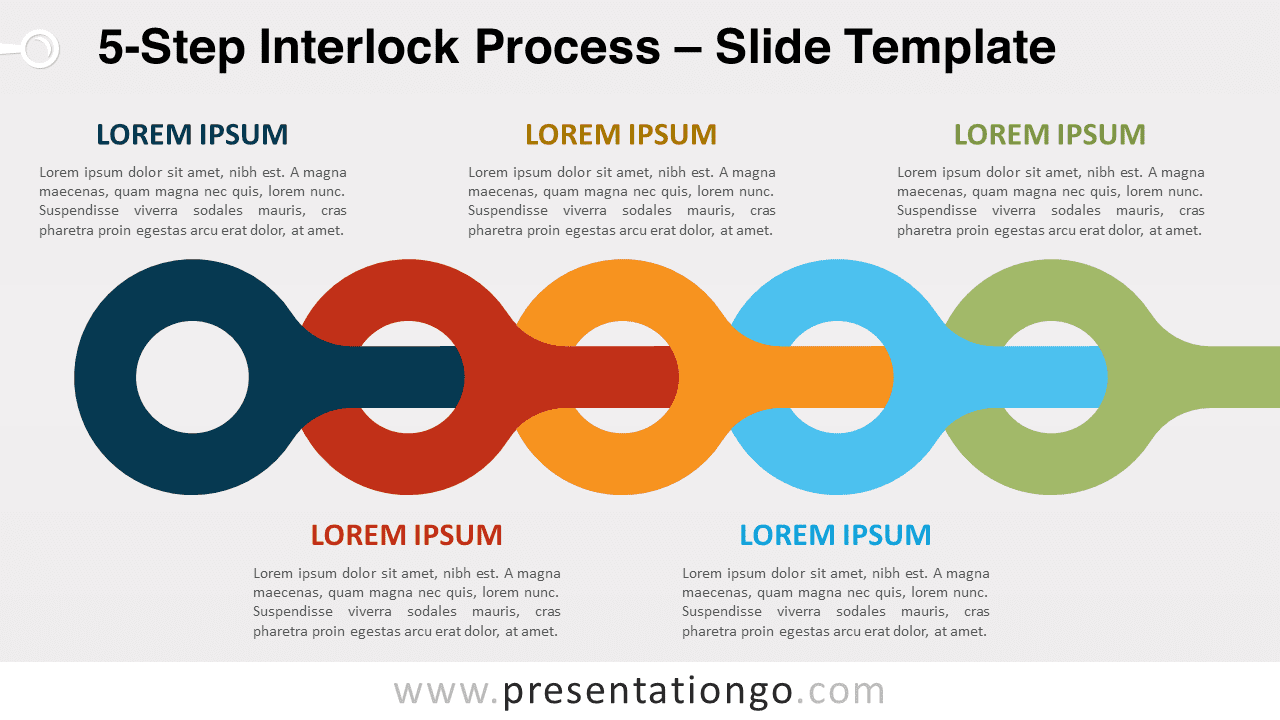 5-Step Interlock Process PowerPoint template slide displayed on a light background for a clear and vibrant presentation.