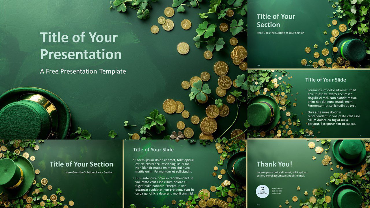 Widescreen cover slide preview of Leprechaun Gold Template compatible with PowerPoint and Google Slides