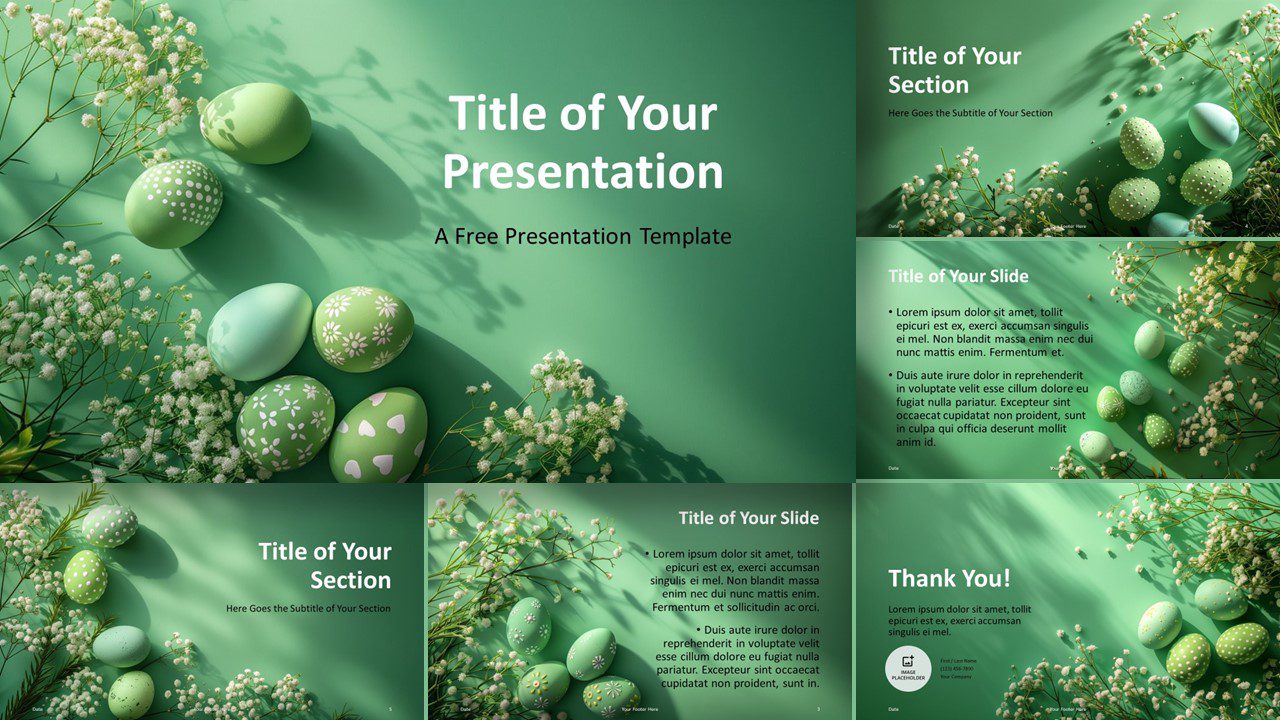 Widescreen view of Green Easter Eggs Template cover slide for PowerPoint & Google Slides