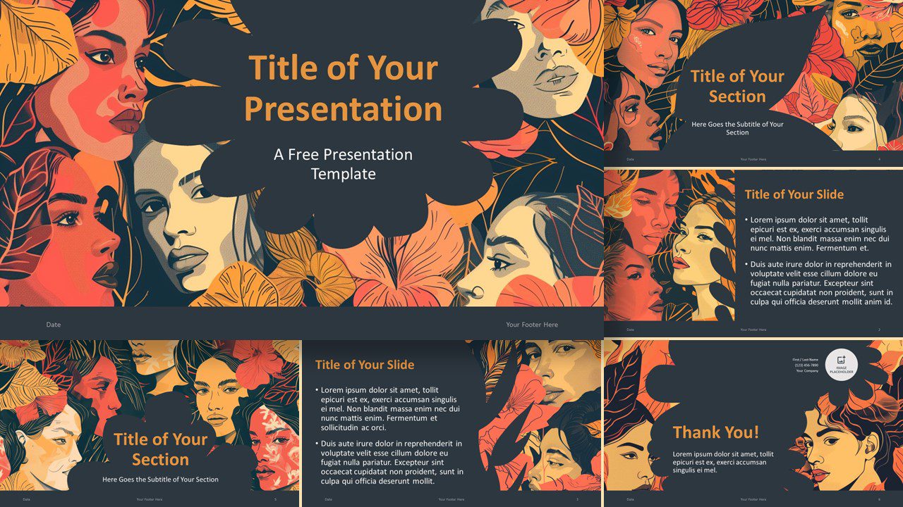 Widescreen preview of Hibiscus & Muse Faces Template showing six slides, highlighting the cover slide, for PowerPoint & Google Slides.