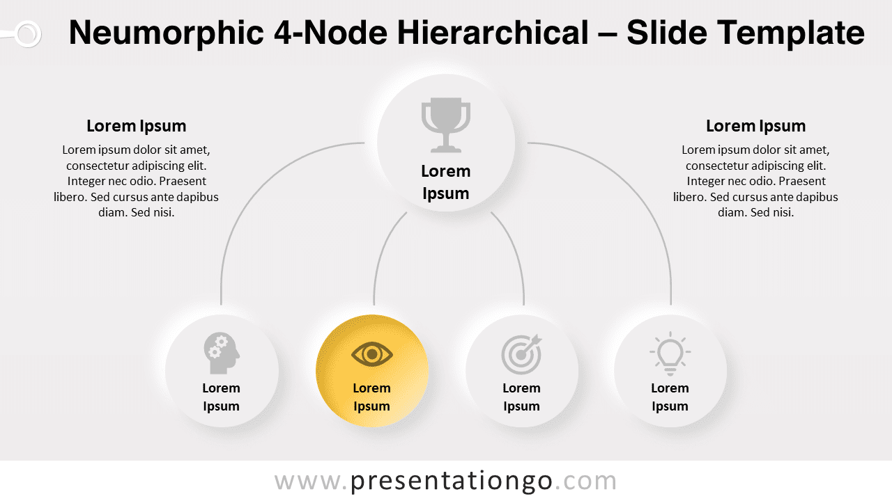 Neumorphic 4-Node Hierarchical template slide displayed on a light background for PowerPoint & Google Slides.