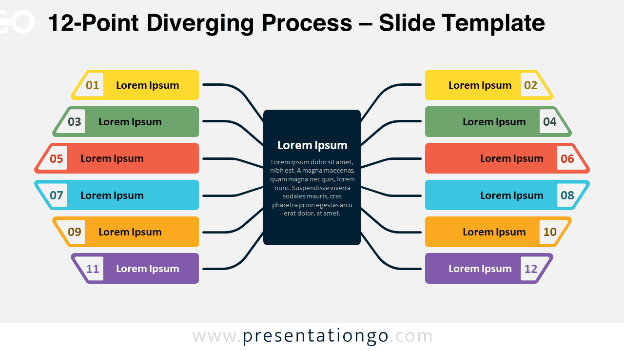 12-Point Diverging Process slide with a light background for PowerPoint & Google Slides presentations.