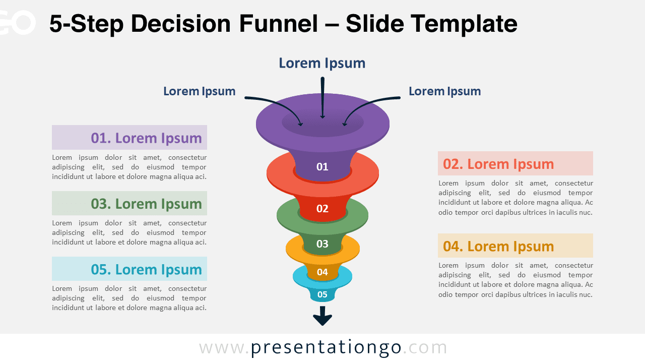 5-Step Decision Funnel Template Centered with Light Background for PowerPoint and Google Slides Presentations