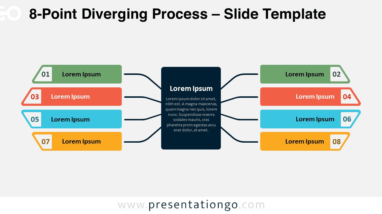 Light background version of the 8-Point Diverging Process template for PowerPoint & Google Slides, illustrating a clear, sequential layout.
