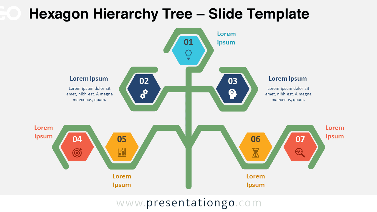 Hexagon Hierarchy Tree template with a light background for PowerPoint & Google Slides.