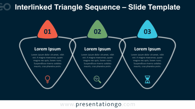 Interlinked Triangle Sequence for PowerPoint & Google Slides - Dark Background Interlinked Triangle Sequence slide template with a dark background for PowerPoint & Google Slides.