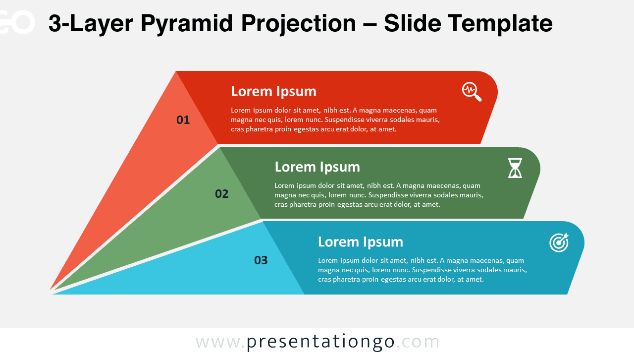 A detailed view of the 3-Layer Pyramid Projection slide with a light background, showcasing customizable text placeholders and icons for PowerPoint & Google Slides.