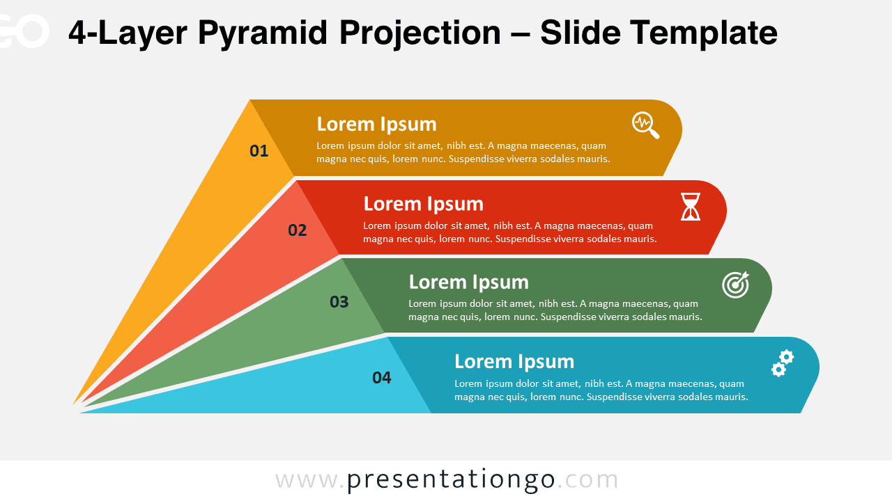 4-Layer Pyramid Projection slide template for PowerPoint and Google Slides featuring a light background, with numbered layers and customizable icons.