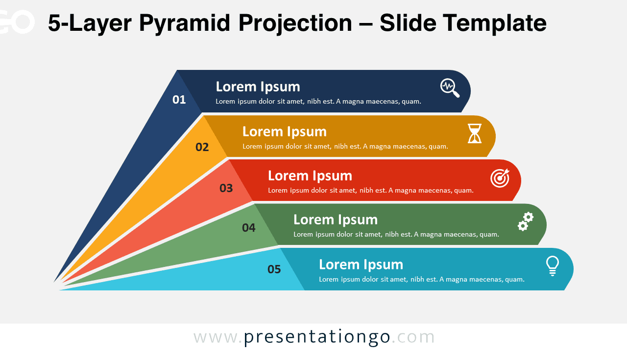 Slide of the 5-Layer Pyramid Projection template with a light background for PowerPoint & Google Slides, displaying numbered layers and customizable icons.