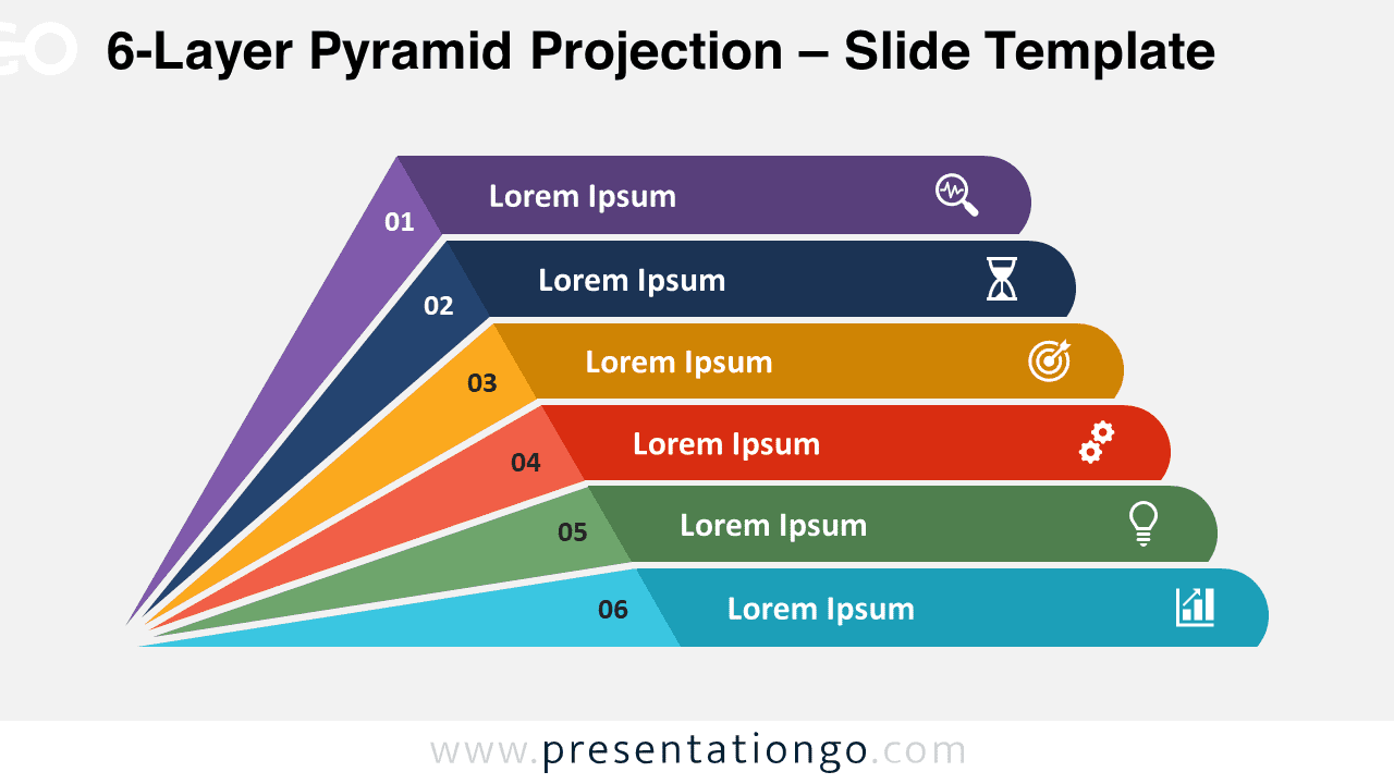Detailed view of the 6-Layer Pyramid Projection slide for PowerPoint & Google Slides featuring a light background, icons, and numbered layers.